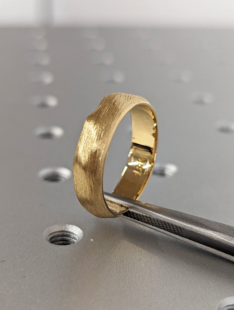 Cool Mens Wedding Bands | Solid Yellow Gold Cigar Band | 6MM Wide Manly Bands | Scratched Facet Gold Wedding Rings