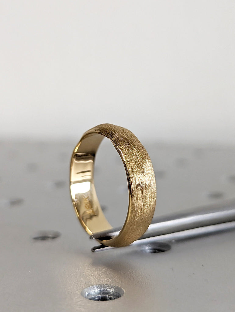 Cool Mens Wedding Bands | Solid Yellow Gold Cigar Band | 6MM Wide Manly Bands | Scratched Facet Gold Wedding Rings