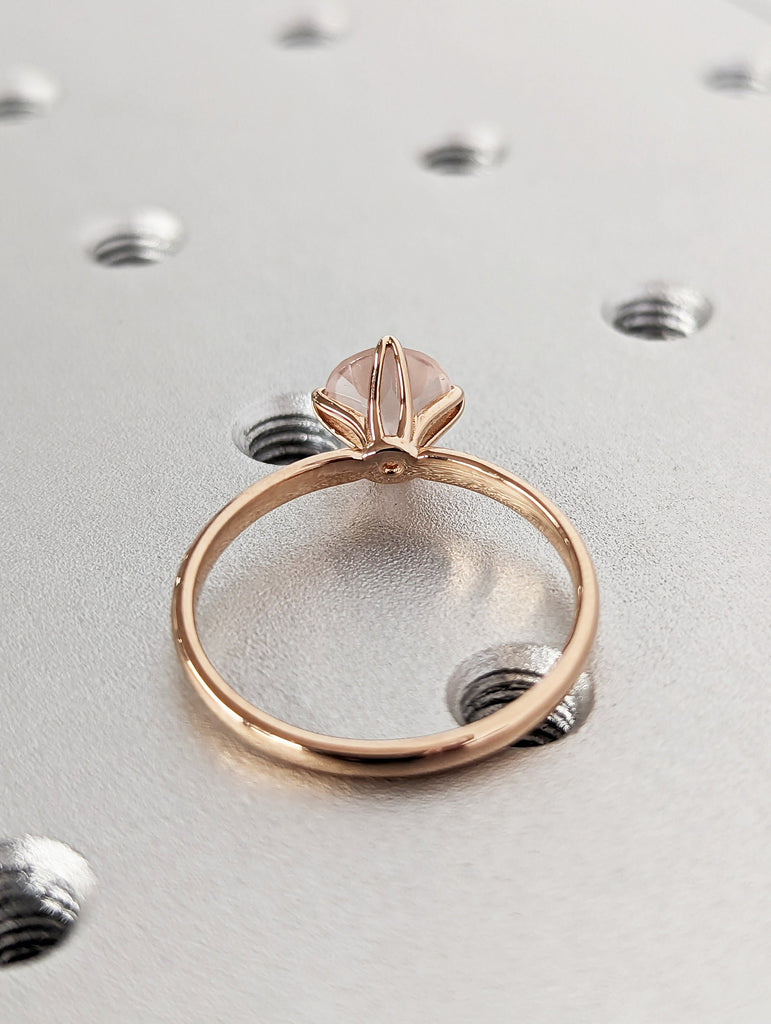 6.5mm Round Cut Pink Rose Quartz Ring Rose Gold Simple Engagement Rings Leaf Solitaire Ring Heal Crystal Ring Pink Stone Ring Gift Floral