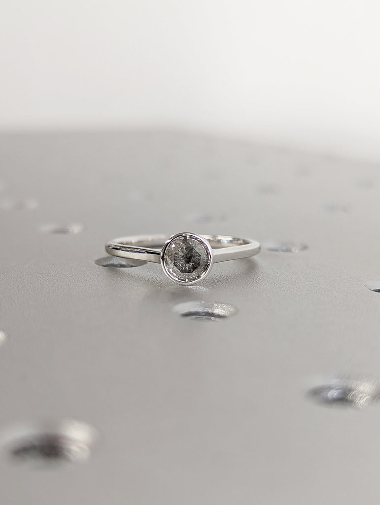 Round Bezel Solitaire Ring Brilliant Cut Galaxy Salt And Pepper Diamond Engagement Ring Dainty Promise Ring Solitaire Bezel Ring