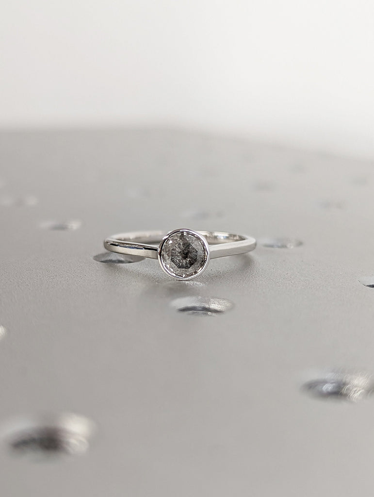 Round Bezel Solitaire Ring Brilliant Cut Galaxy Salt And Pepper Diamond Engagement Ring Dainty Promise Ring Solitaire Bezel Ring