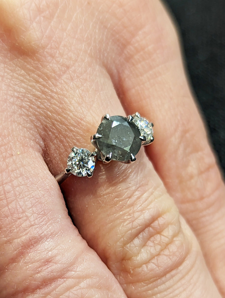 1.25 Carat 1920's Raw Salt and Pepper Diamond, Round Diamond Ring, Unique Engagement Bridal, Black, Gray Pear, 18k Yellow, Rose, White Gold