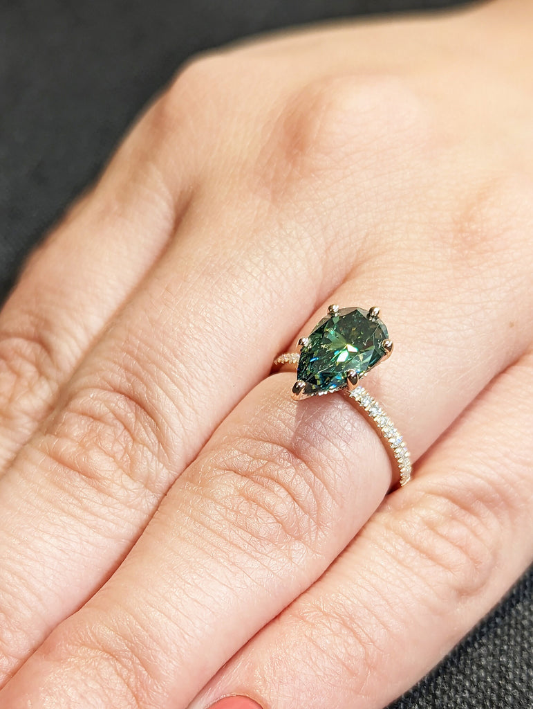 Colored Moissanite Engagement, Green Moissanite Ring, Vintage blue-green pear engagement ring, Green Color Moissanite hidden halo ring