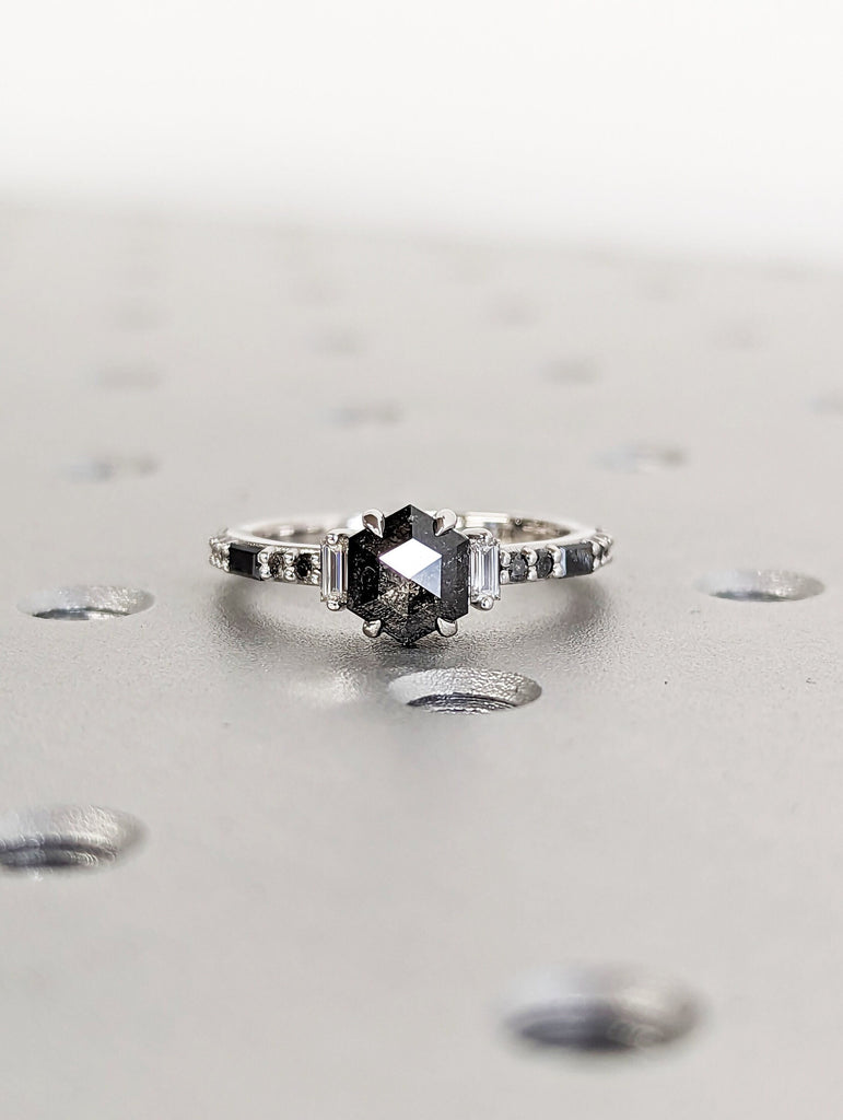 Raw Diamond Hexagon Baguette Diamond, Salt and Pepper, Unique Engagement Ring, Rose Cut Geometric Diamond Ring, 14k Gold, Custom Handmade