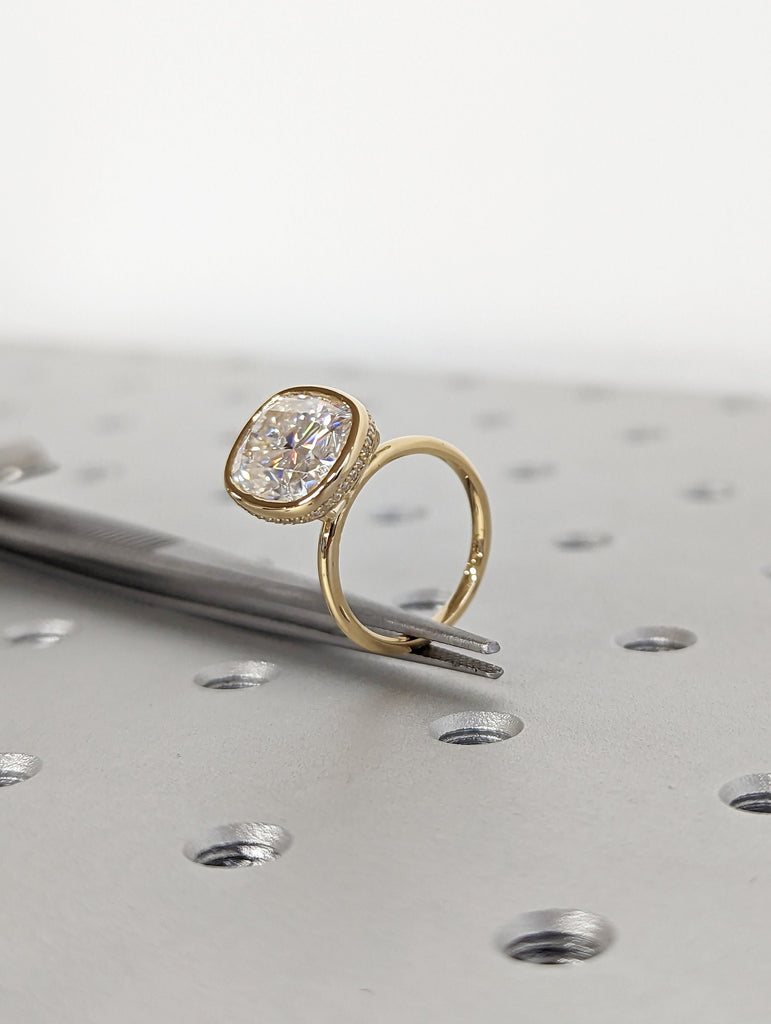 1-4ct Elongated Cushion Cut Moissanite Hidden Halo Engagement Ring | Solid Gold Long Cushion Cut Moissanite Solitaire Ring | Bezel set Ring