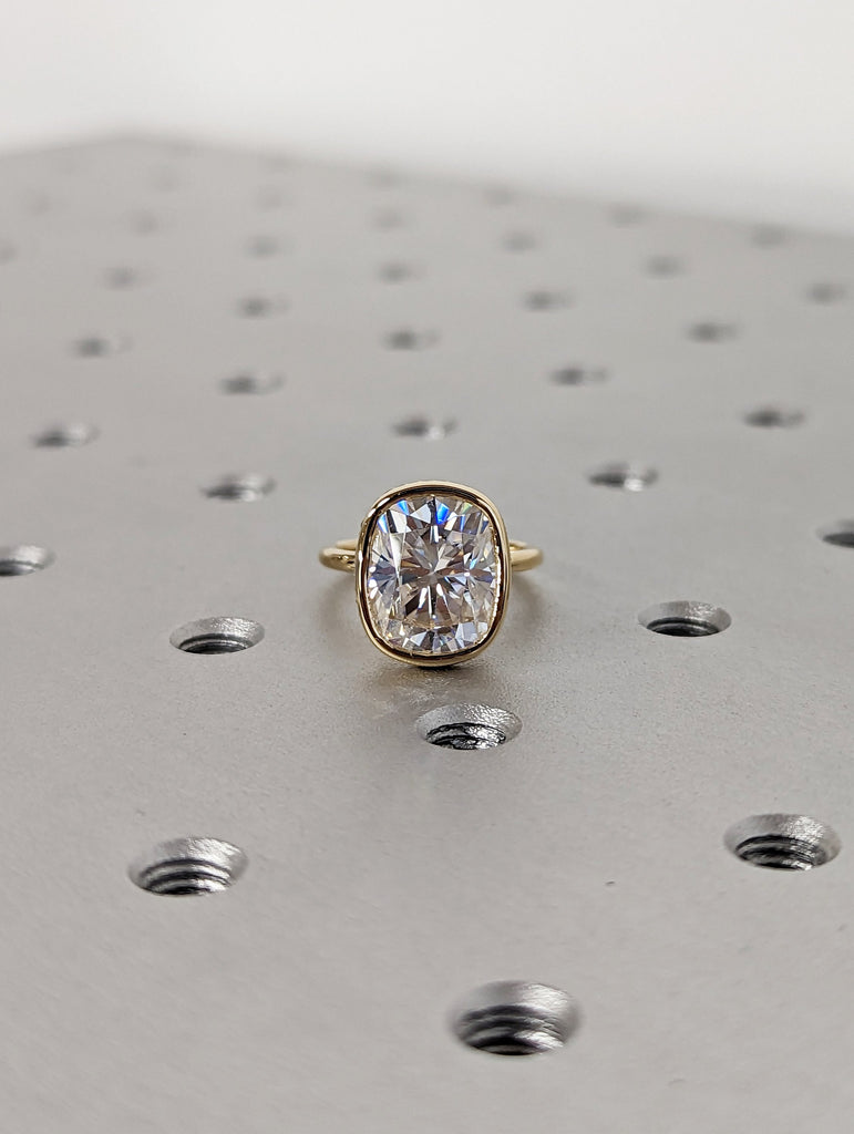 14k Yellow Gold VVS Moissanite Wedding Anniversary Ring: Bezel set Cushion cut with Hidden Halo