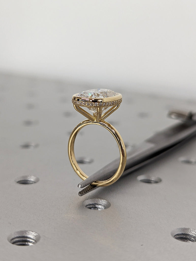 14k Yellow Gold VVS Moissanite Wedding Anniversary Ring: Bezel set Cushion cut with Hidden Halo