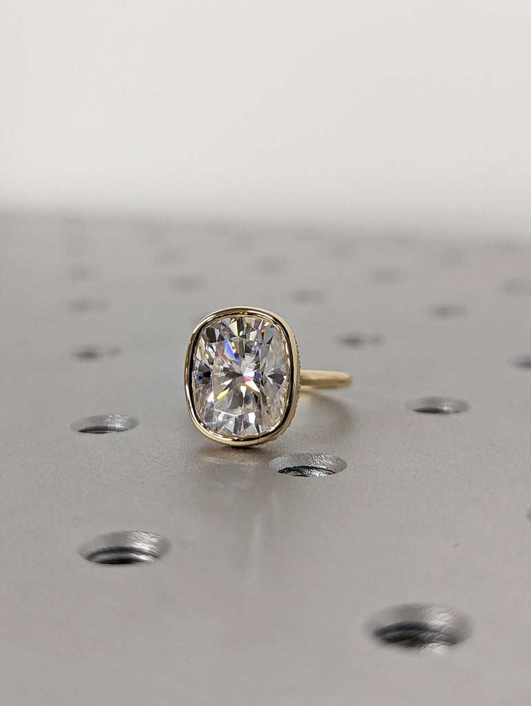 1-4ct Elongated Cushion Cut Moissanite Hidden Halo Engagement Ring | Solid Gold Long Cushion Cut Moissanite Solitaire Ring | Bezel set Ring