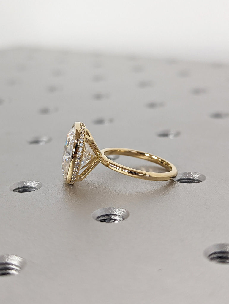 14k Yellow Gold VVS Moissanite Wedding Anniversary Ring: Bezel set Cushion cut with Hidden Halo