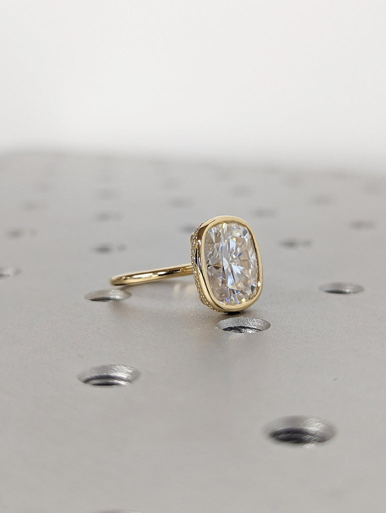14k Yellow Gold VVS Moissanite Wedding Anniversary Ring: Bezel set Cushion cut with Hidden Halo