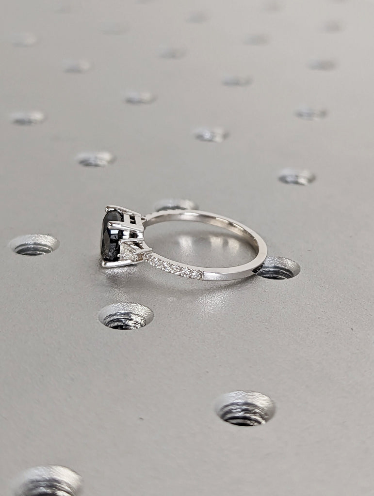 Raw Diamond Cushion Baguette Diamond, Salt and Pepper, Unique Engagement Ring, Rose Cut Geometric Diamond Ring, 14k Gold, Custom Handmade
