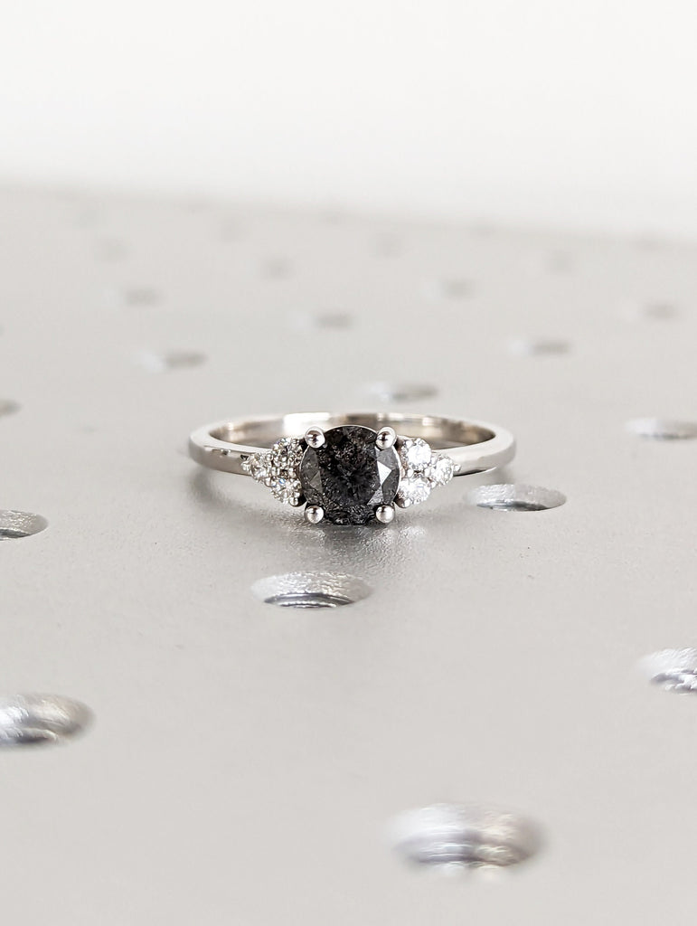Unique Galaxy Round Cut Salt and Pepper Engagement Ring Set, Seven Stone Ring, Jewelry Gift For Women, Special Design Real Gold Ring For Her image #3