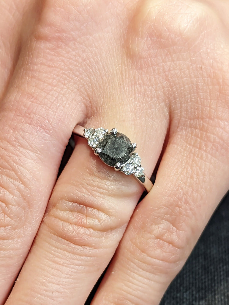 Unique Galaxy Round Cut Salt and Pepper Engagement Ring Set, Seven Stone Ring, Jewelry Gift For Women, Special Design Real Gold Ring For Her image #10