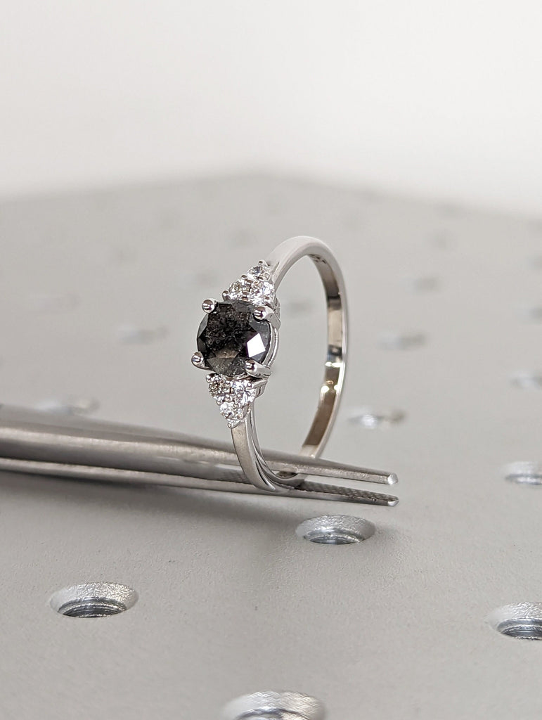 Unique Galaxy Round Cut Salt and Pepper Engagement Ring Set, Seven Stone Ring, Jewelry Gift For Women, Special Design Real Gold Ring For Her image #1