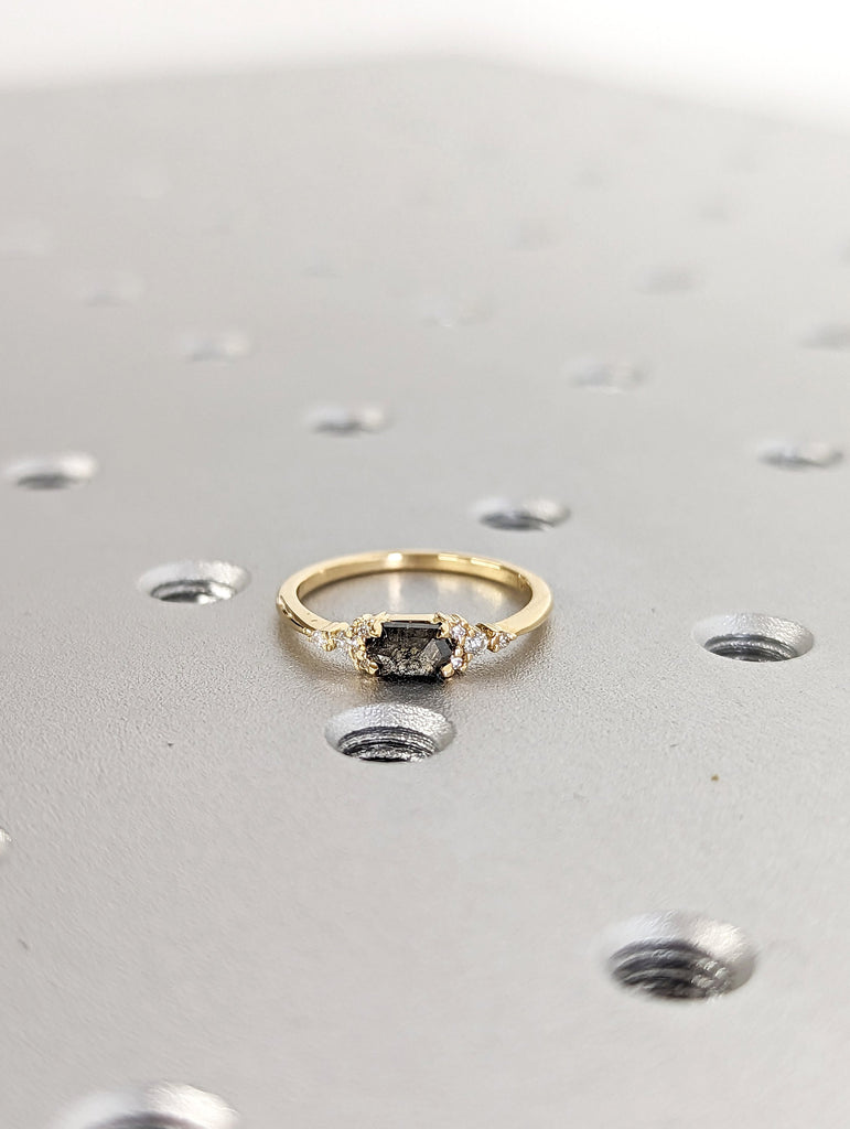 Hexagon Salt and Pepper Diamond Wedding Ring, Unique Diamond Wedding Band, Wedding Engagement Ring, Minimalist Diamond Ring