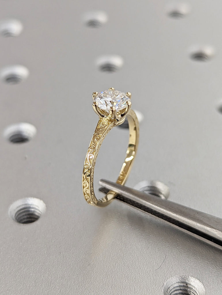 Colorless Moissanite 14k Rose /White /Yellow Gold Engagement Ring Art Deco 1920's Inspired Thin Petite Band 18k Unique Promise Ring for Her