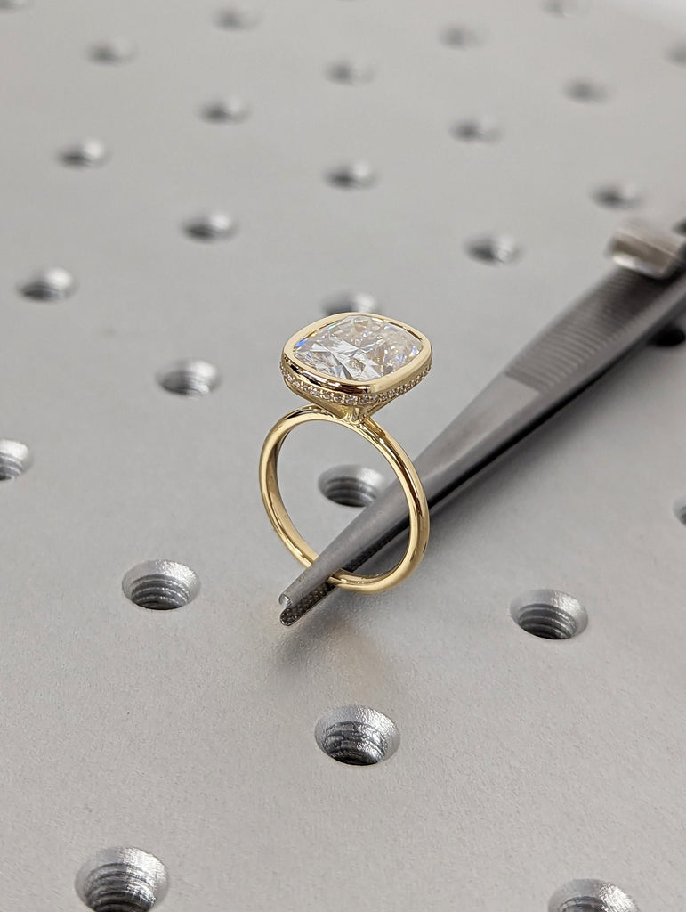 1-4ct Elongated Cushion Cut Moissanite Hidden Halo Engagement Ring | Solid Gold Long Cushion Cut Moissanite Solitaire Ring | Bezel set Ring