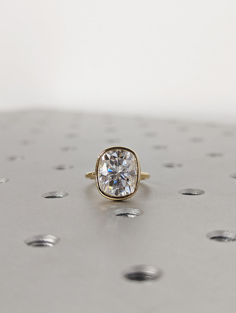 14k Yellow Gold VVS Moissanite Wedding Anniversary Ring: Bezel set Cushion cut with Hidden Halo