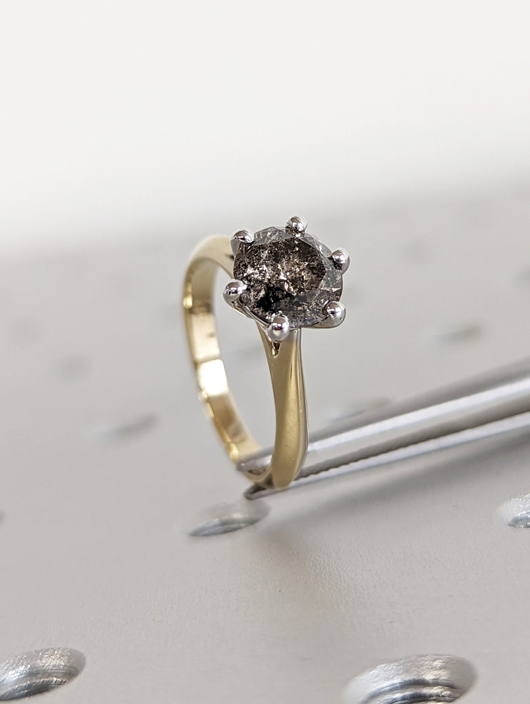 Art Deco Two Tones 1.5ct Round Cut Diamond Ring, 14K Yellow/White Gold Two Tone Diamond Ring/Vintage Style Salt and Pepper Ring/Gift For Her image #8