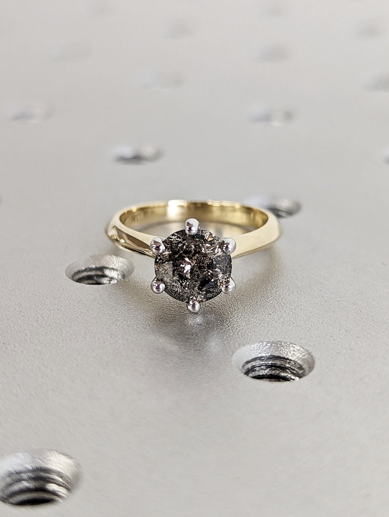 Art Deco Two Tones 1.5ct Round Cut Diamond Ring, 14K Yellow/White Gold Two Tone Diamond Ring/Vintage Style Salt and Pepper Ring/Gift For Her image #3
