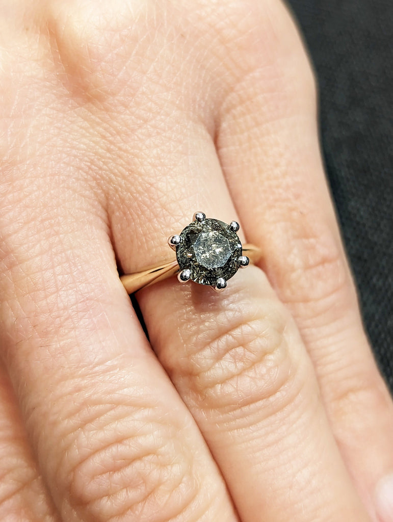 Art Deco Two Tones 1.5ct Round Cut Diamond Ring, 14K Yellow/White Gold Two Tone Diamond Ring/Vintage Style Salt and Pepper Ring/Gift For Her image #9