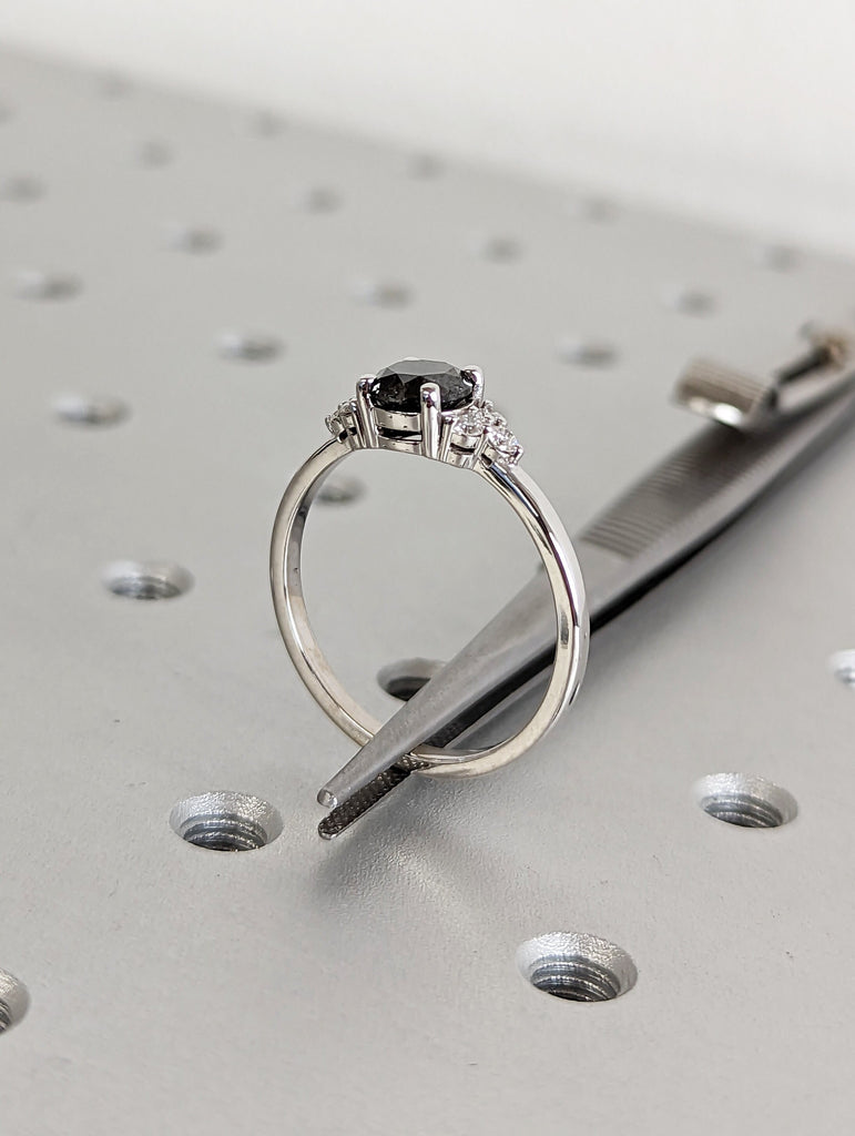 Unique Galaxy Round Cut Salt and Pepper Engagement Ring Set, Seven Stone Ring, Jewelry Gift For Women, Special Design Real Gold Ring For Her image #8