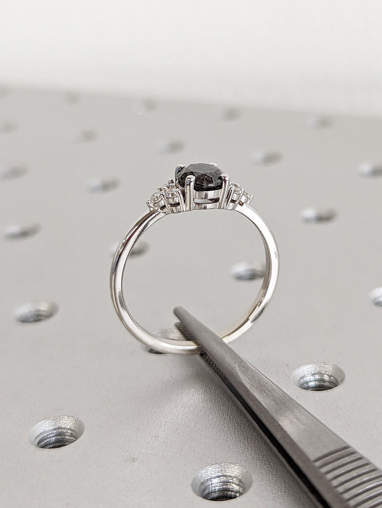 Unique Galaxy Round Cut Salt and Pepper Engagement Ring Set, Seven Stone Ring, Jewelry Gift For Women, Special Design Real Gold Ring For Her image #9