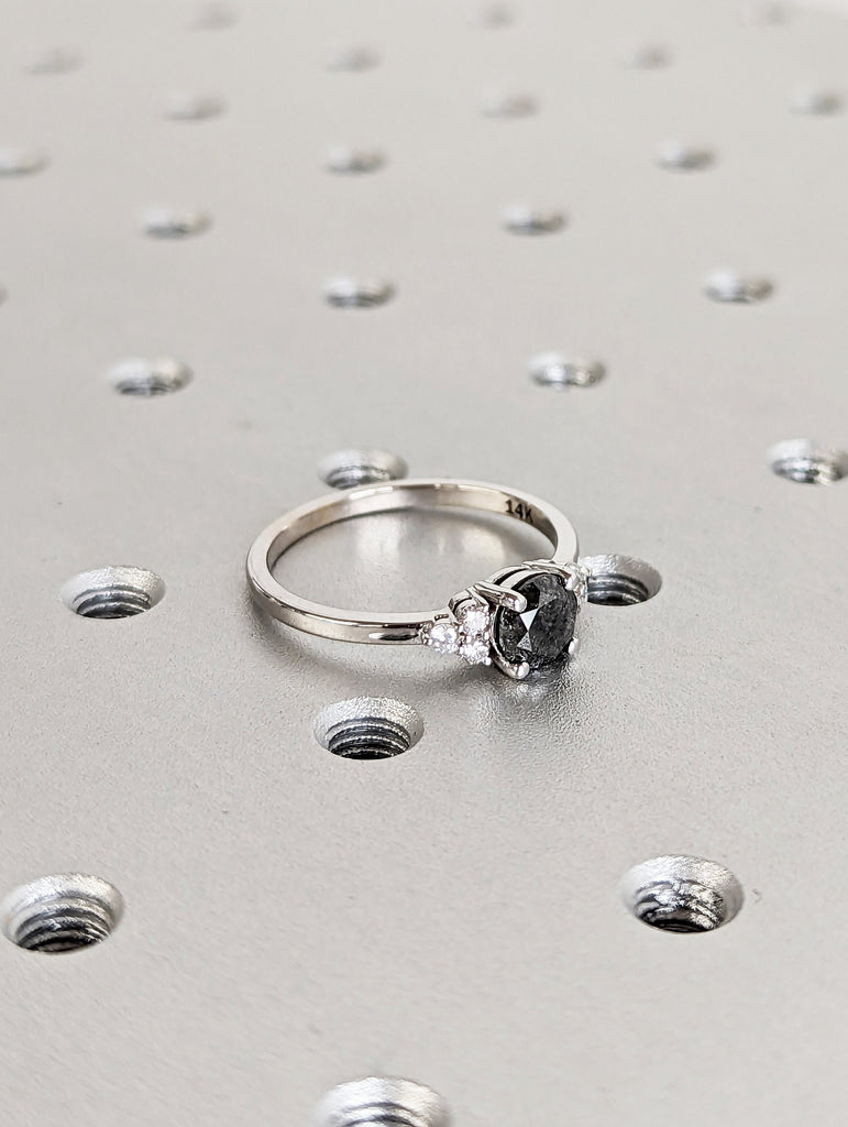 Unique Galaxy Round Cut Salt and Pepper Engagement Ring Set, Seven Stone Ring, Jewelry Gift For Women, Special Design Real Gold Ring For Her image #5