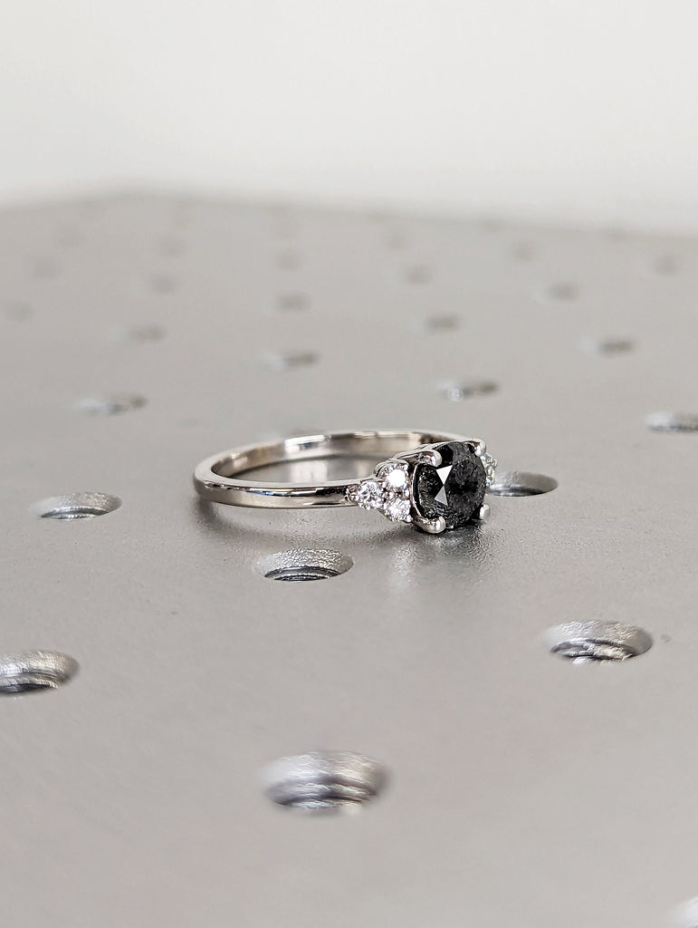 Unique Galaxy Round Cut Salt and Pepper Engagement Ring Set, Seven Stone Ring, Jewelry Gift For Women, Special Design Real Gold Ring For Her image #4
