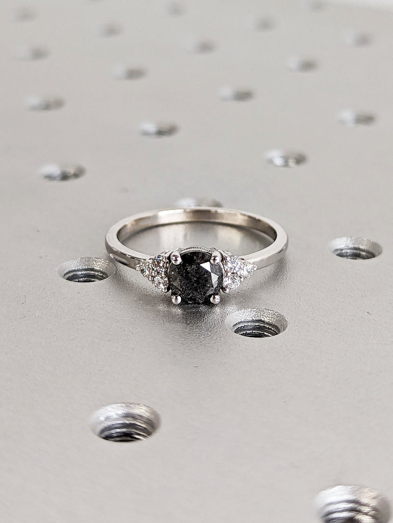 Unique Galaxy Round Cut Salt and Pepper Engagement Ring Set, Seven Stone Ring, Jewelry Gift For Women, Special Design Real Gold Ring For Her image #2