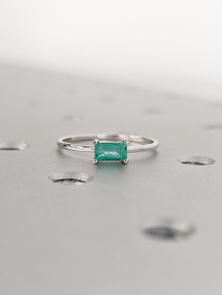 Emerald Ring, Baguette Emerald Ring, 14k Solid White Gold Minimalist Emerald Ring, Stacking Emerald Ring, Emerald Jewelry, May Birthstone