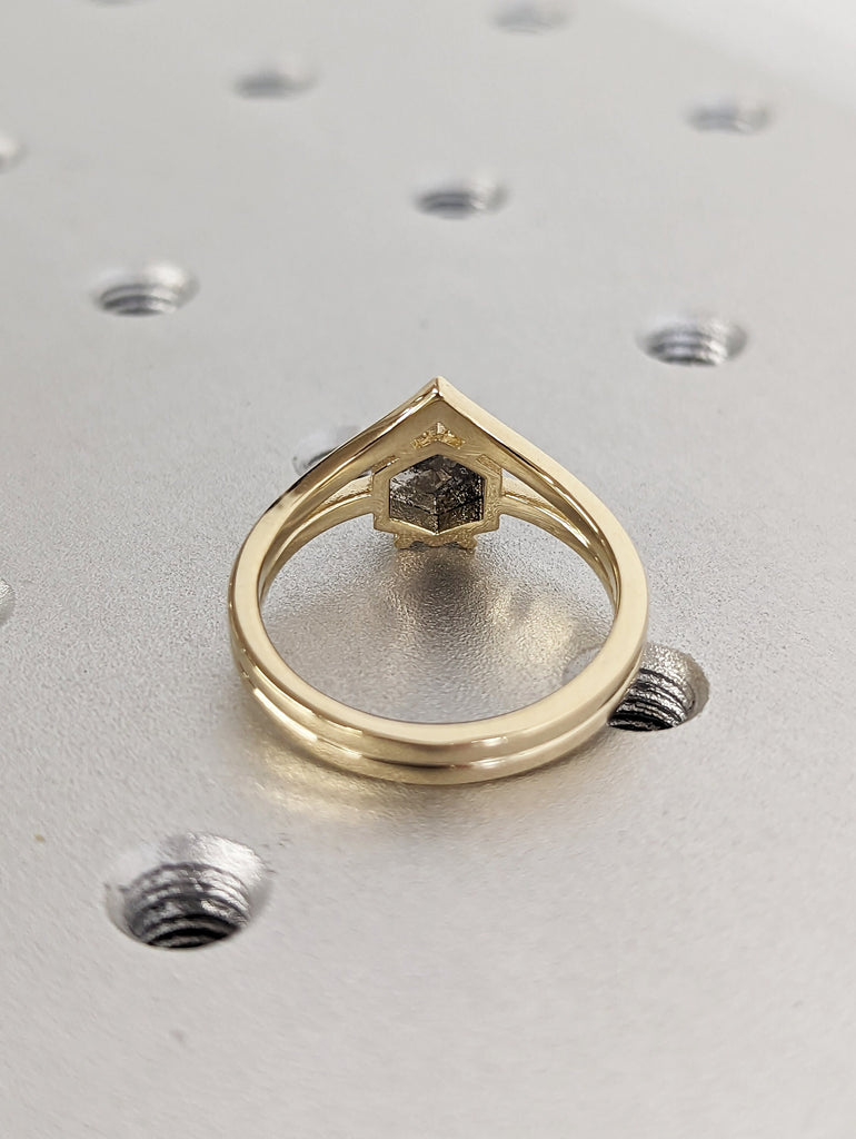 Raw Diamond, Salt and Pepper, Hexagon, Unique Engagement Ring, Rose Cut Geometric Diamond Ring, 14k Gold, Custom Handmade, Classic Solitaire