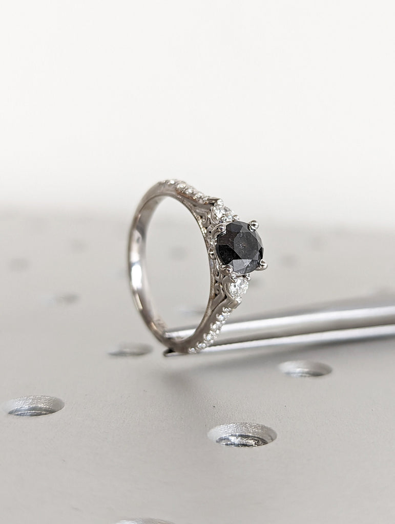 Salt and pepper engagement ring round cut vintage engagement ring prong set ring diamond ring anniversary white gold image #7