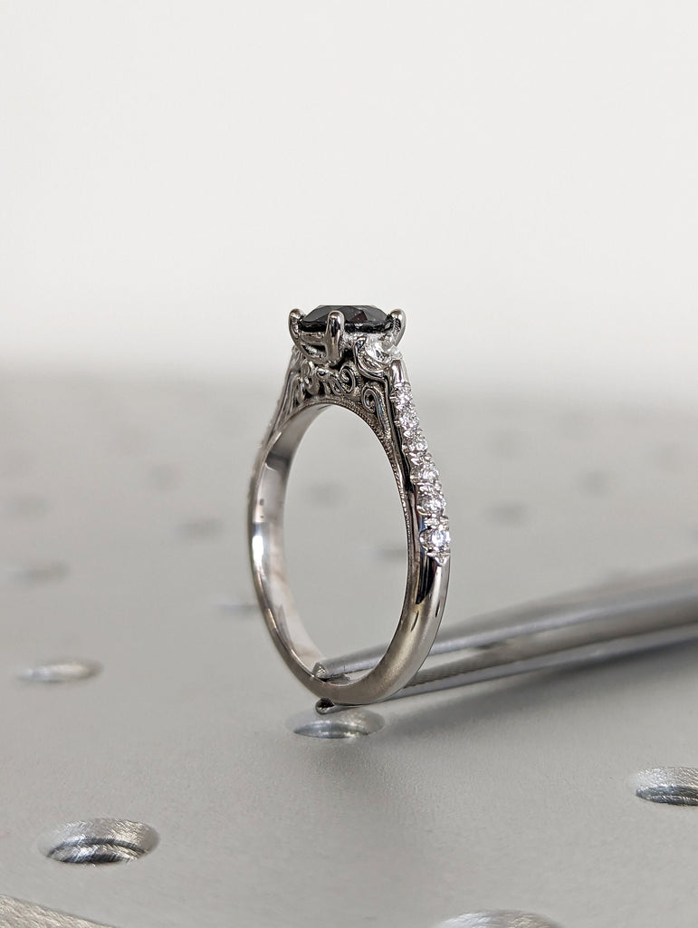 Salt and pepper engagement ring round cut vintage engagement ring prong set ring diamond ring anniversary white gold image #5