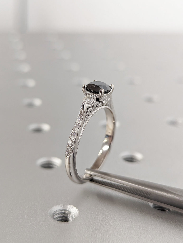 Salt and pepper engagement ring round cut vintage engagement ring prong set ring diamond ring anniversary white gold image #6