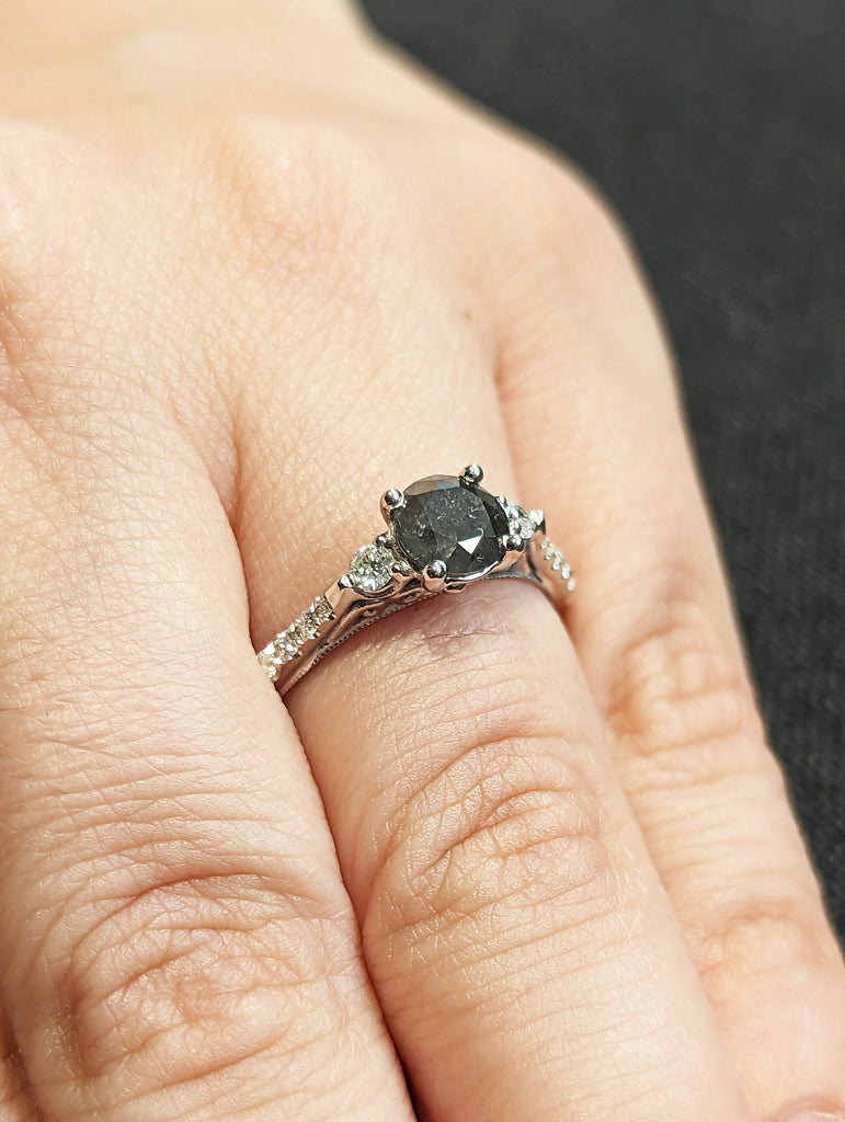 Salt and pepper engagement ring round cut vintage engagement ring prong set ring diamond ring anniversary white gold image #10