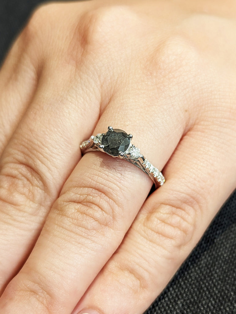 Salt and pepper engagement ring round cut vintage engagement ring prong set ring diamond ring anniversary white gold image #9