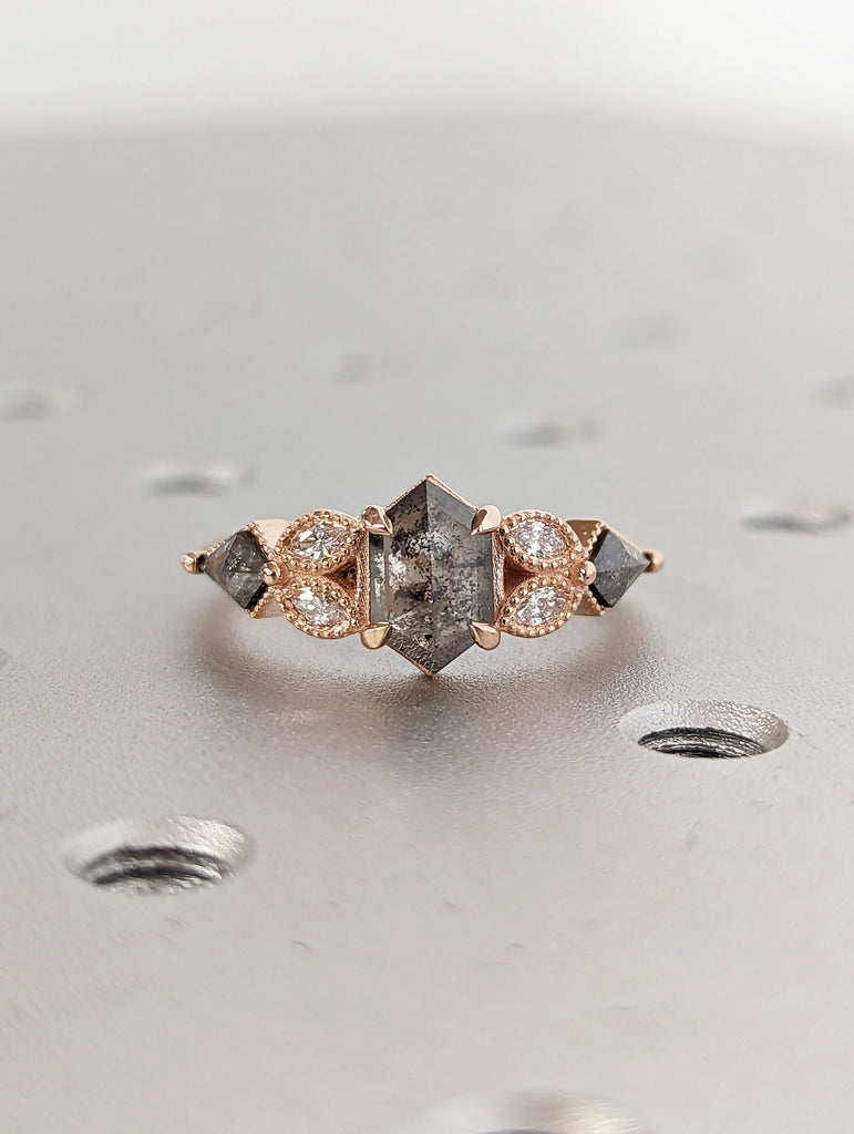 Galaxy Raw Salt and Pepper Diamond Ring- Hexagon Cut Diamond Engagement Rings- Unique Bridal Geometric Diamond Promise Ring Cluster Diamond