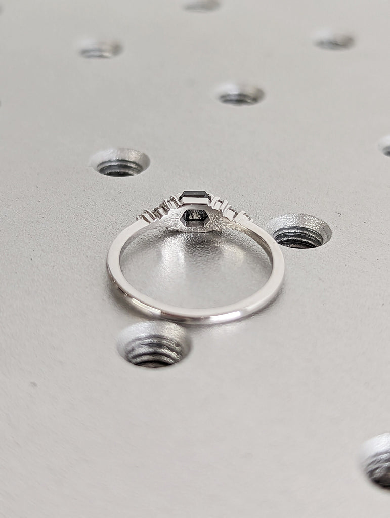 Hexagon Salt and Pepper Diamond Wedding Ring, Unique Diamond Wedding Band, Wedding Engagement Ring, Minimalist Diamond Ring, Cluster Diamond