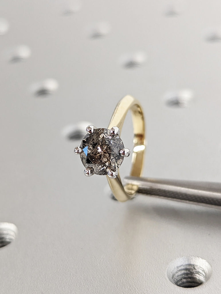 Art Deco Two Tones 1.5ct Round Cut Diamond Ring, 14K Yellow/White Gold Two Tone Diamond Ring/Vintage Style Salt and Pepper Ring/Gift For Her image #6
