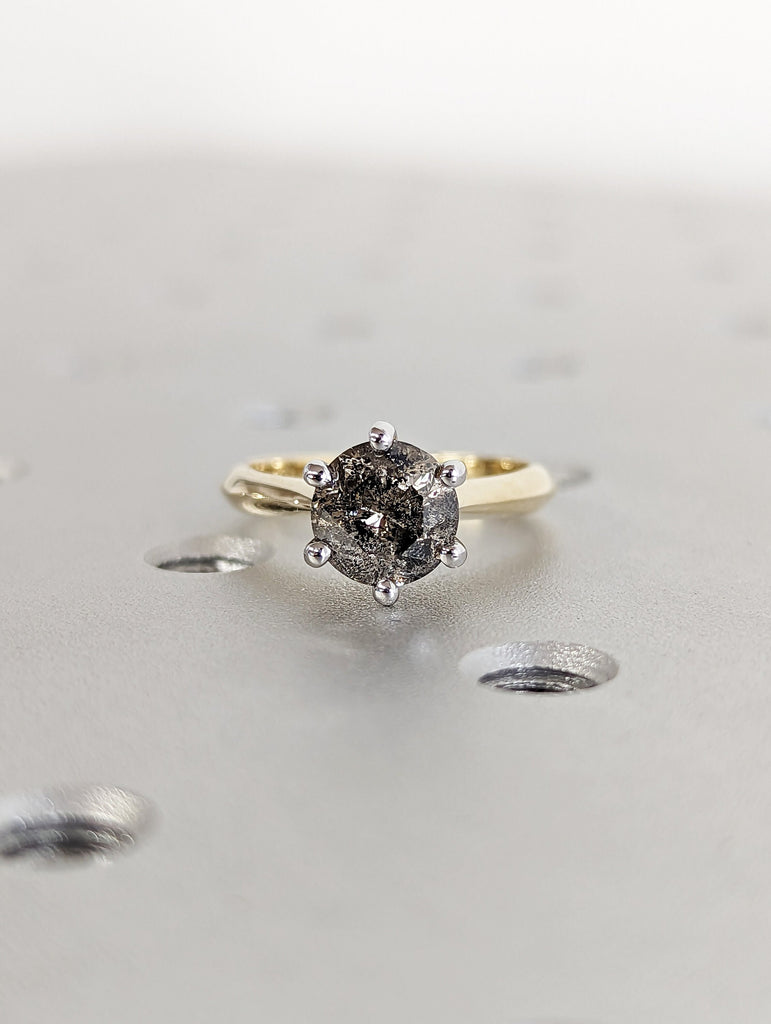 Art Deco Two Tones 1.5ct Round Cut Diamond Ring, 14K Yellow/White Gold Two Tone Diamond Ring/Vintage Style Salt and Pepper Ring/Gift For Her image #2