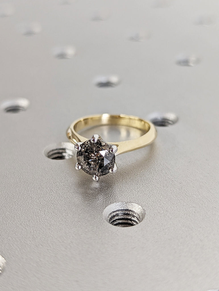 Art Deco Two Tones 1.5ct Round Cut Diamond Ring, 14K Yellow/White Gold Two Tone Diamond Ring/Vintage Style Salt and Pepper Ring/Gift For Her image #4