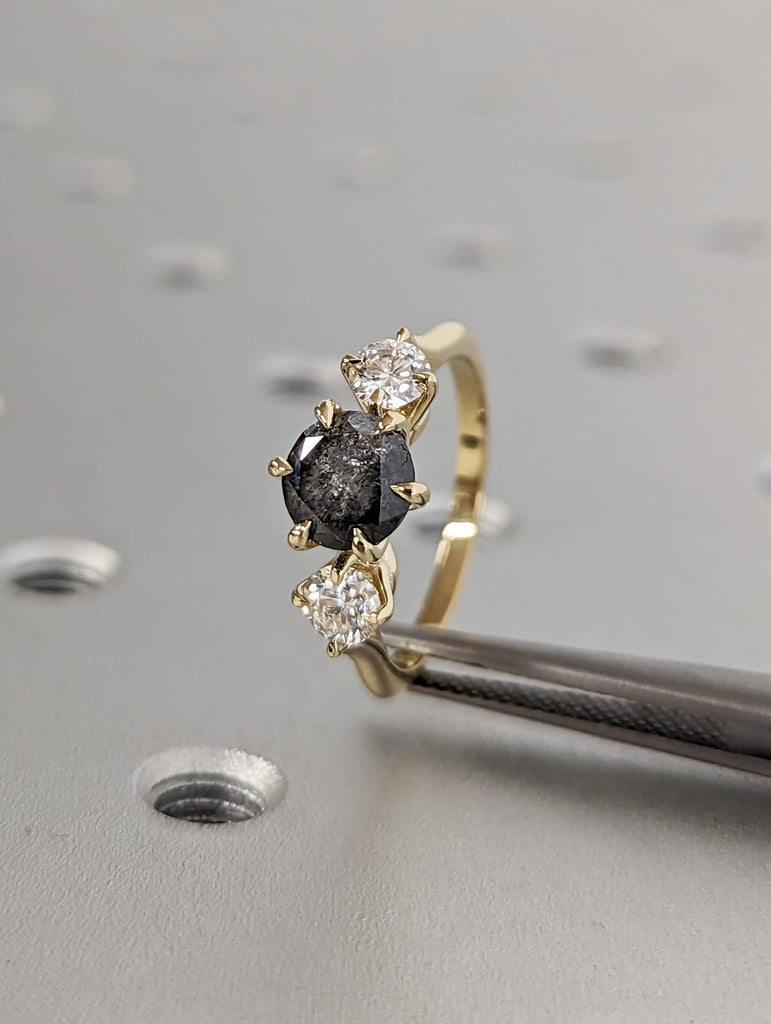 1 ct 1920's Raw Salt and Pepper Diamond, Round Diamond Ring, Unique Engagement Bridal, Black, Gray Pear, 14k Yellow, Rose, Black, White Gold