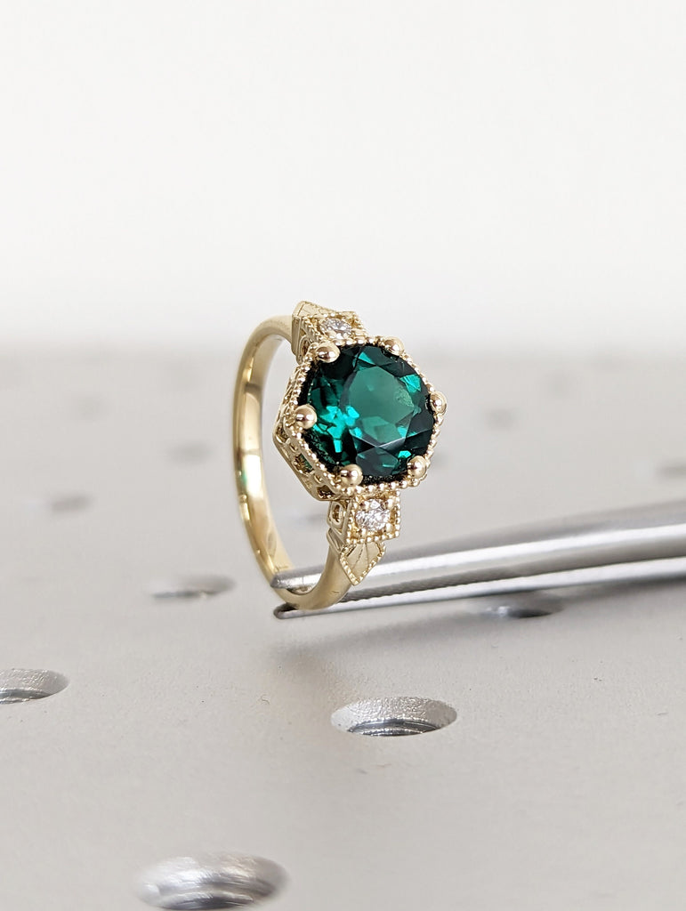 Emerald ring vintage emerald engagement ring 14k yellow gold ring gift unique antique wedding promise anniversary ring for her birthstone image #9
