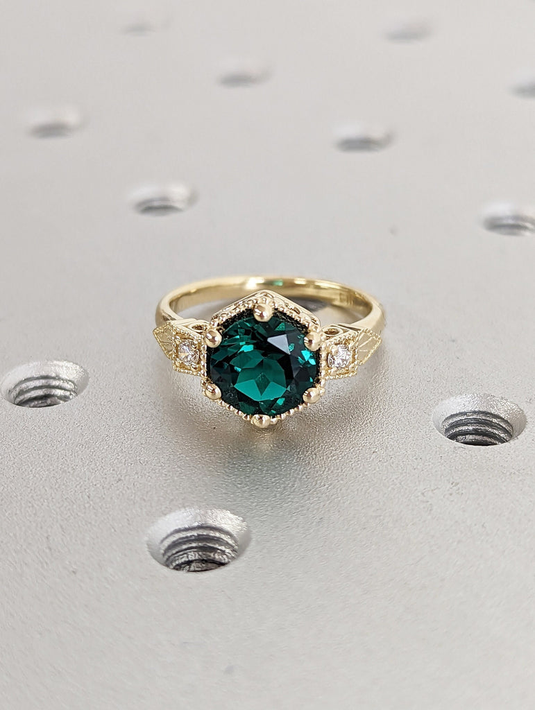 Emerald ring vintage emerald engagement ring 14k yellow gold ring gift unique antique wedding promise anniversary ring for her birthstone
