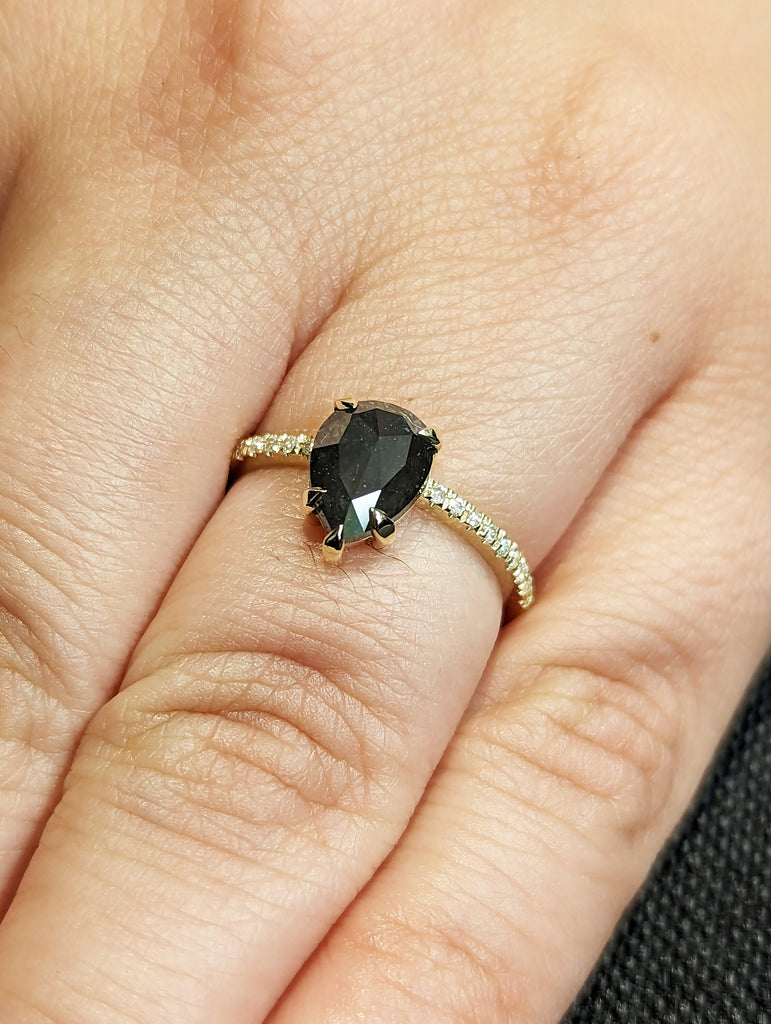 1.5 Carat 1920's Raw Salt and Pepper Diamond, Pear Diamond Ring, Unique Engagement Bridal , Black, Gray Pear 14k Yellow, Rose White Gold