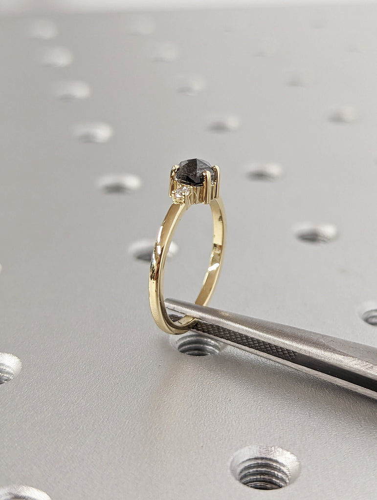 Raw Diamond, Salt and Pepper, Hexagon, Unique Engagement Ring, Rose Cut Geometric Diamond Ring, 14k Gold, Custom Handmade, Minimalist Ring