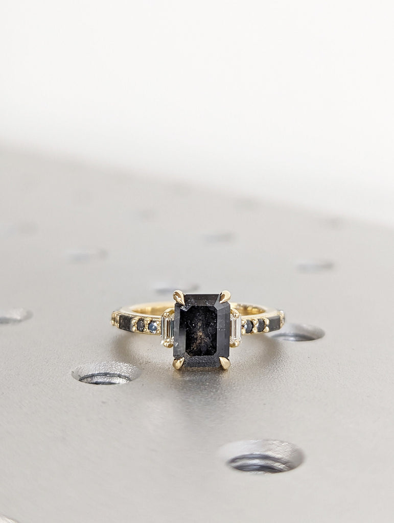 Raw Diamond Emerald Baguette Diamond, Salt and Pepper, Unique Engagement Ring, Rose Cut Geometric Diamond Ring, 14k Gold, Custom Handmade