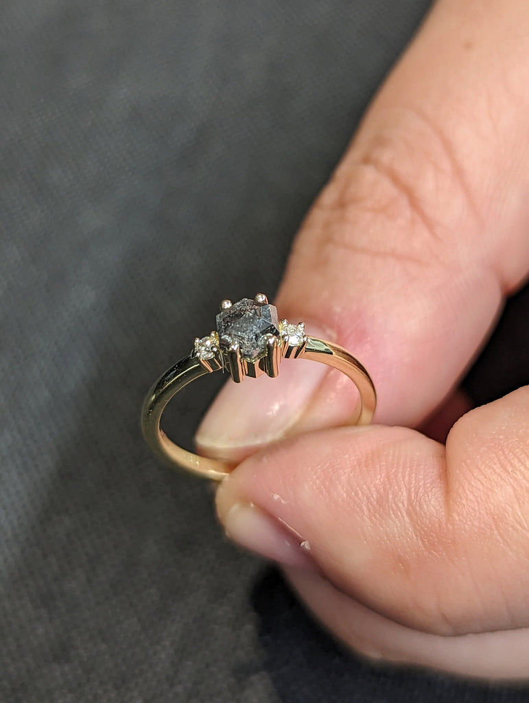 Raw Diamond, Salt and Pepper, Hexagon, Unique Engagement Ring, Rose Cut Geometric Diamond Ring, 14k Gold, Custom Handmade, Minimalist Ring