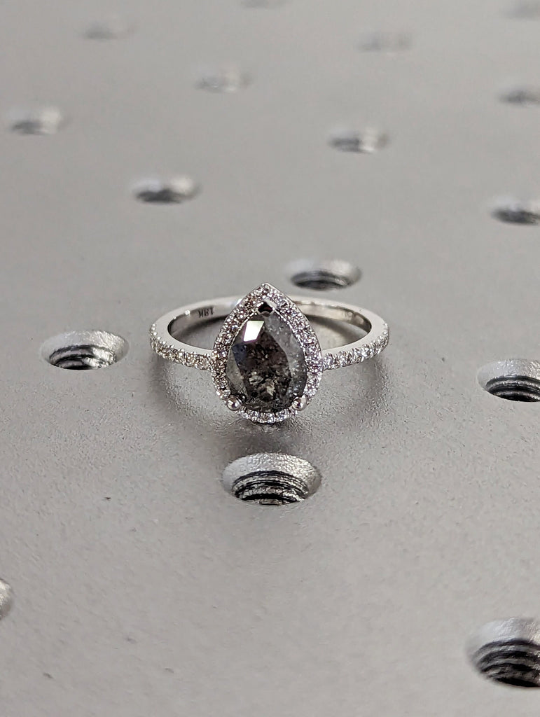 1920's Raw Salt and Pepper Diamond Halo, Pear Diamond Halo Ring, Unique Engagement Bridal Set, Black, Gray Pear, 18k White Gold, Eternity